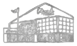 A sketch of a modern building featuring a gabled roof, grid windows, and flagpoles. The drawing includes landscaping elements like trees in front of the structure, providing a sense of context around the building.