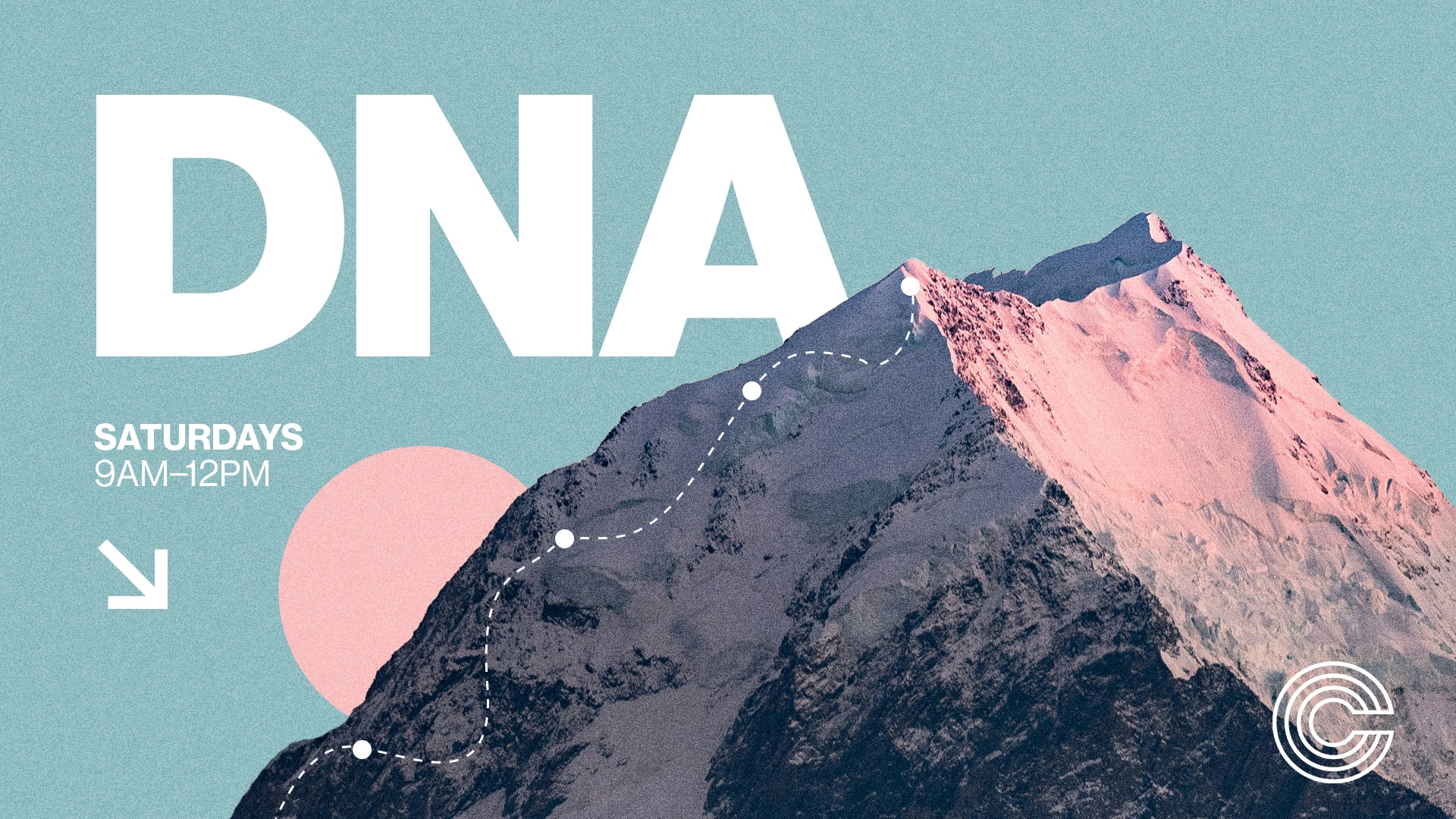 A graphic design featuring a large white text that says "DNA" on a pastel background. Below, in smaller text, it states "Saturdays 9AM-12PM." The image includes a mountain with snow-capped peaks and a circular pink shape on the left, with dotted lines leading down the mountain.